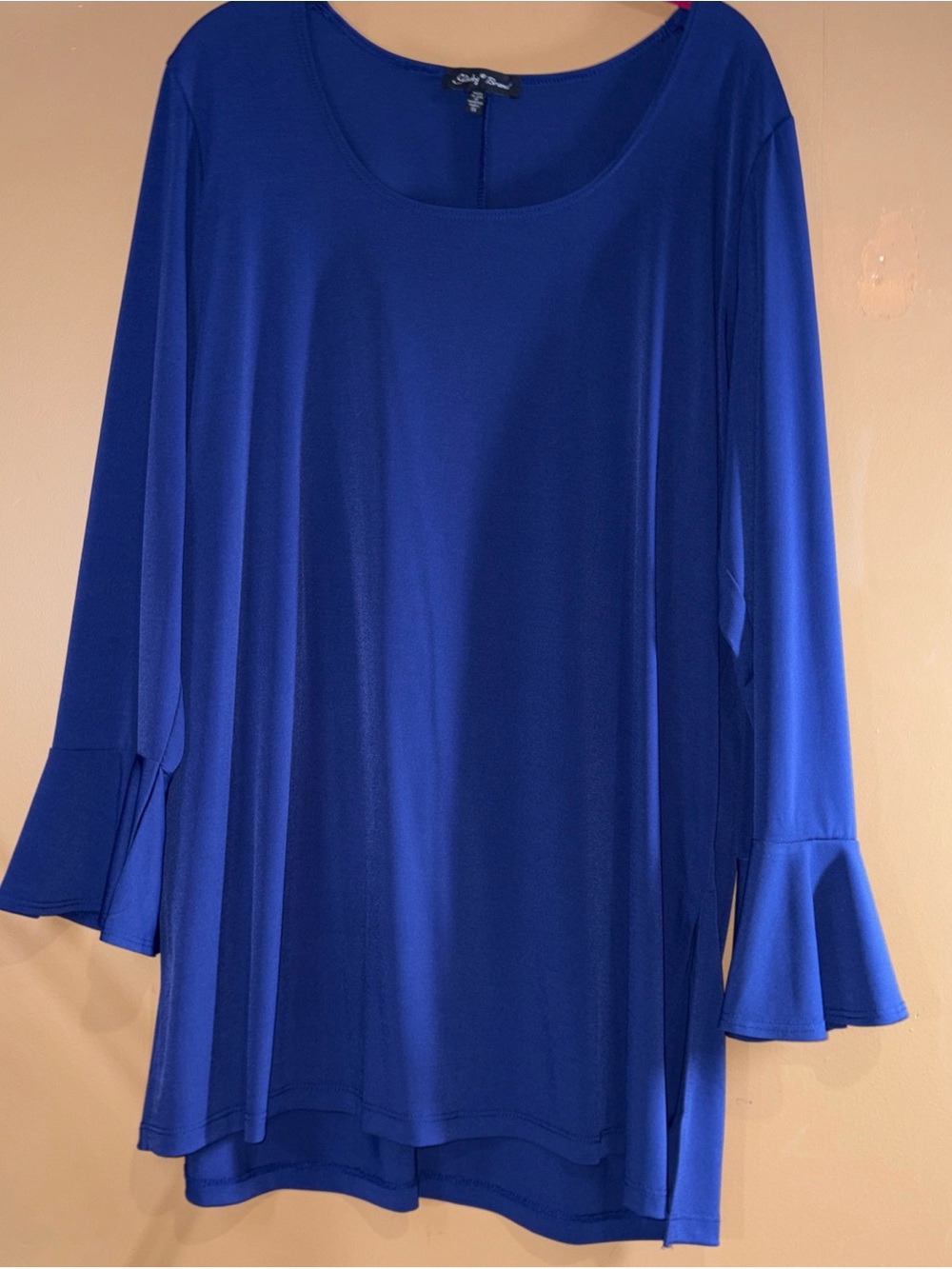 HC854  Brand Tunic Navy Blue Stretch Shirt Top Scoop Neck Ruffle Cuffs Size 1X